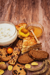 tasty breakfast with curd, pie and tea 