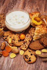 tasty breakfast with curd, pie and tea 