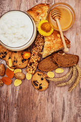 tasty breakfast with curd, pie and tea 