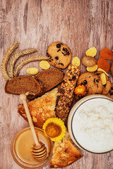 tasty breakfast with curd, pie and tea 