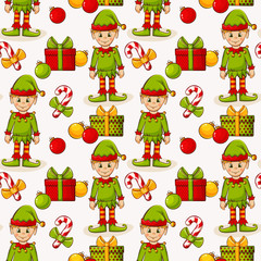 Christmas seamless background with elves. Vector pattern.