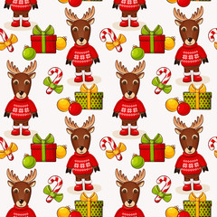 Christmas seamless background with deers. Vector pattern.