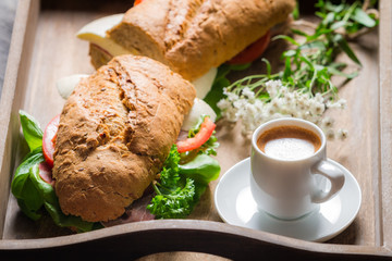 Italian breakfast with espresso and sandwich