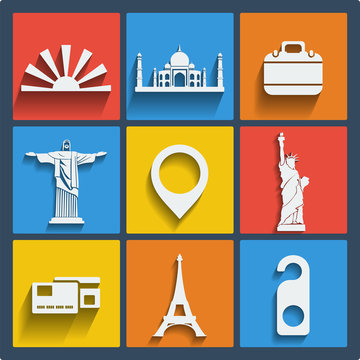 Set of 9 travel web and mobile icons. Vector.