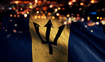 Barbados National Flag Light Night Bokeh Abstract Background - obrazy, fototapety, plakaty