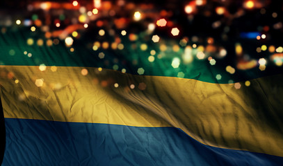 Gabon National Flag Light Night Bokeh Abstract Background