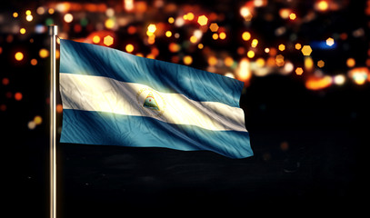 Nicaragua National Flag City Light Night Bokeh Background 3D