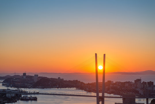 Vladivostok cityscape, sunset view.