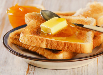 Toast bread on   wooden table