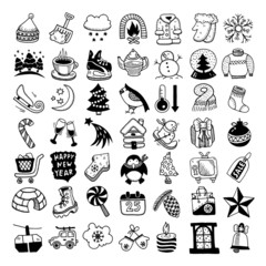 sketch hand drawing winter icons set