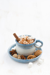 cup of cocoa with marshmallows, cinnamon and cookies