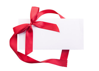 Card note with red ribbon on white background