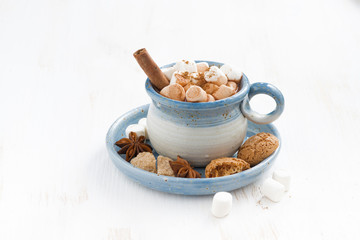 cup of cocoa with marshmallows, cinnamon and cookies on white