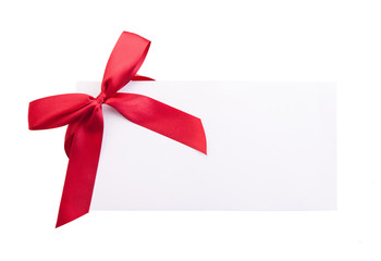 Card note with red ribbon on white background