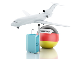 Travel concept. Suitcase, plane and Germany flag icon. 3d illust
