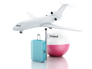 Travel concept. Suitcase, plane and poland flag icon. 3d illustr