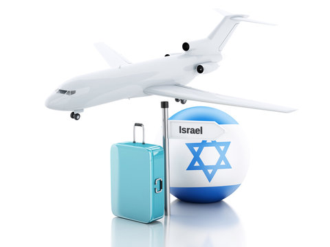 Travel concept. Suitcase, plane and Israel flag icon. 3d illustr