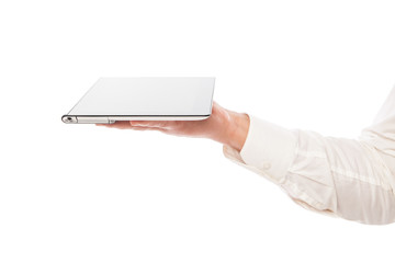 Male hand holding touchpad pc isolated