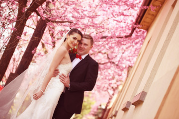 Fototapeta premium Bride and groom in spring time wedding
