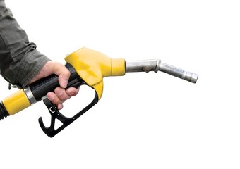 Man holding fuel pump on white background.