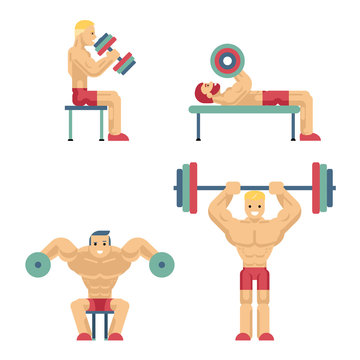 Bodybuilding and Weightlifting Icons in Flat Style