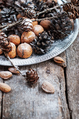 Magic Christmas Tray with Pine cones, Walnuts, Almonds