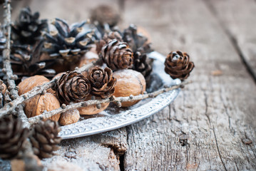Christmas Natural Deciration on Tray with Small Pine cones