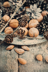 Christmas Tray with Pine cones, Walnuts, Almond. toning