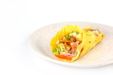 close up of kebab sandwich on white background