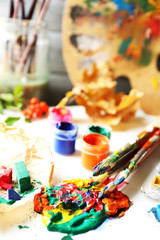 Beautiful still life with professional art materials, close up