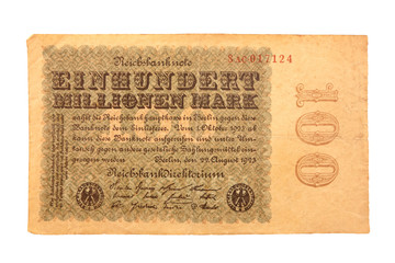 Inflationsgeld Reichsbanknote  22.08.1923 Einhundert Millionen