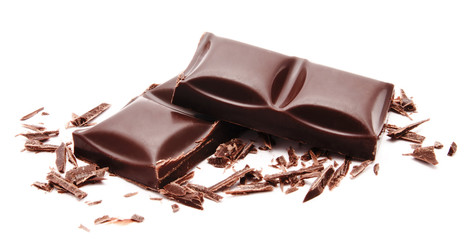 Dark chocolate bars stack with crumbs isolated on a white