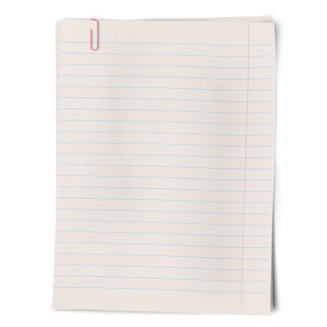 Clipped pile of lined sheets of notebook paper isolated on white