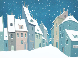 Traditional urban European landscape with snow
