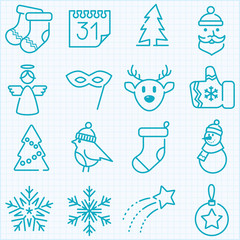 Thin line winter and Christmas time icons set
