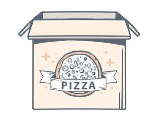 Vector illustration of open box with icon of pizza on white back