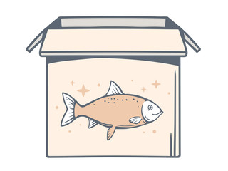 Vector illustration of open box with icon of fish on white backg