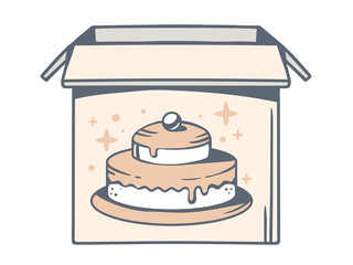 Vector illustration of open box with icon of cake on white backg