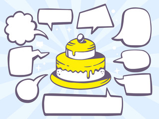 Vector illustration of cake with speech comics bubbles on blue b