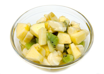Bowl with fruit salad on white background