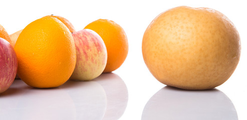 Gala apples, Nashi Asian pears and oranges over white background