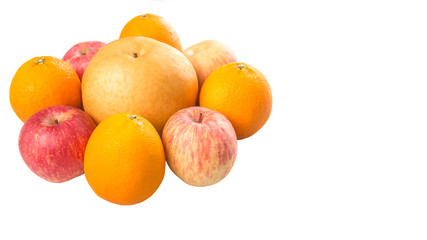 Gala apples, Nashi Asian pears and oranges over white background