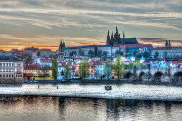 View of Charles bridge over Vltava river and Gradchany (Prague C