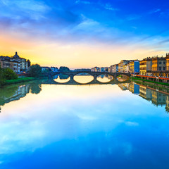 Carraia medieval Bridge on Arno river, sunset landscape. Florenc