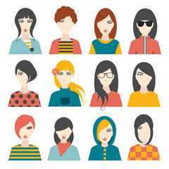 Woman avatar pictures. Flat portrait. Vector.