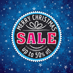 blue christmas background and  label with sale offer, vector