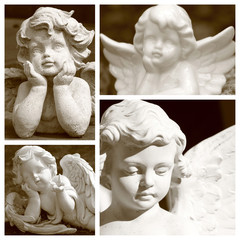 group of images with angelic figurines in sepia color