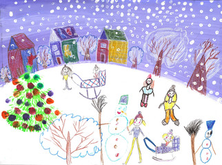Watercolor children drawing winter sleigh ride