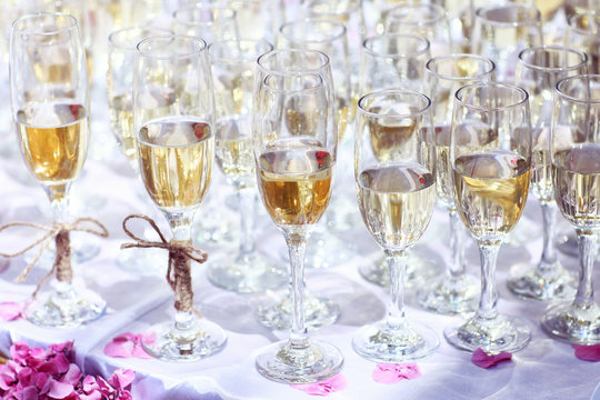 Many glasses of wine on table or champagne wedding event