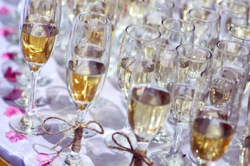 Many glasses of wine on table or champagne wedding event